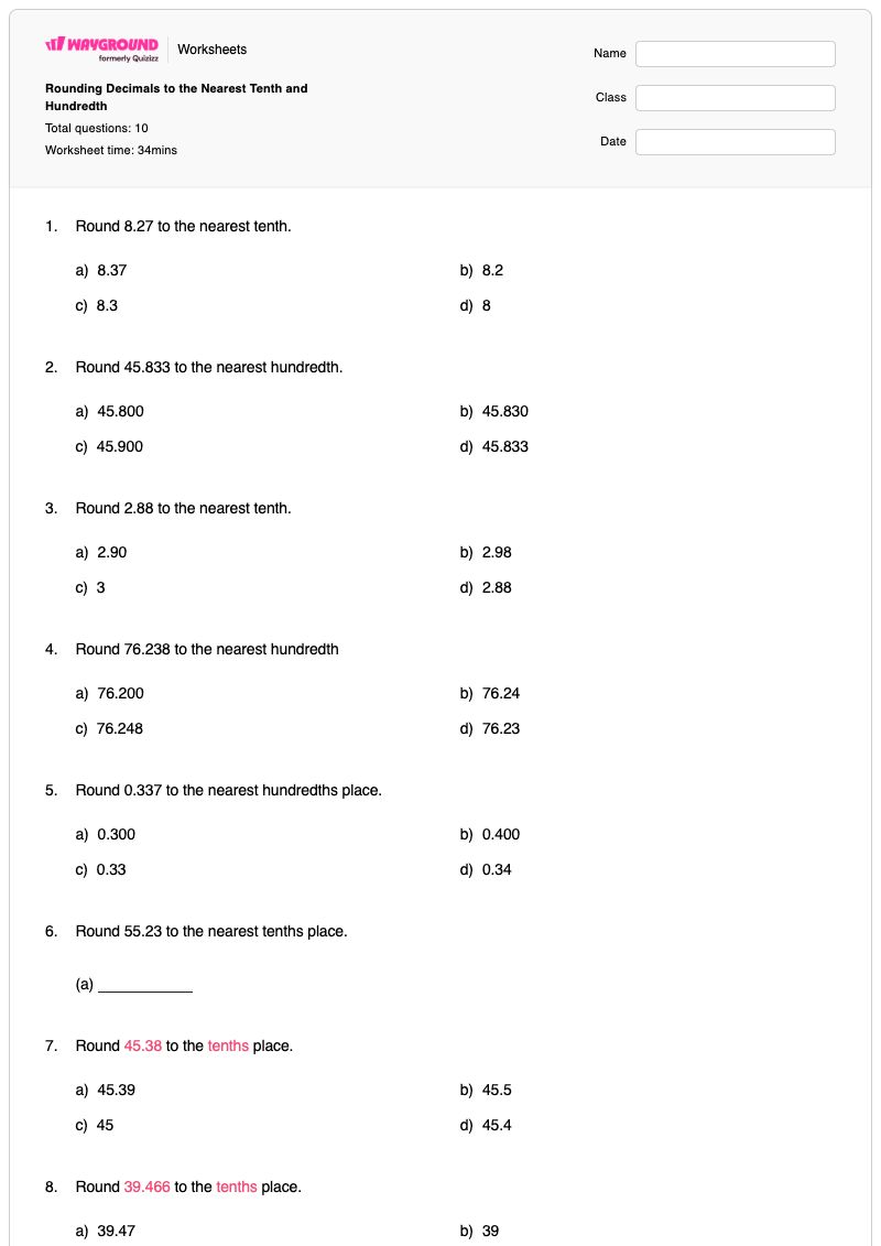 Rounding Decimals to the Nearest Tenth and Hundredth - Printable Tenths-and-hundredths Worksheets - Wayground