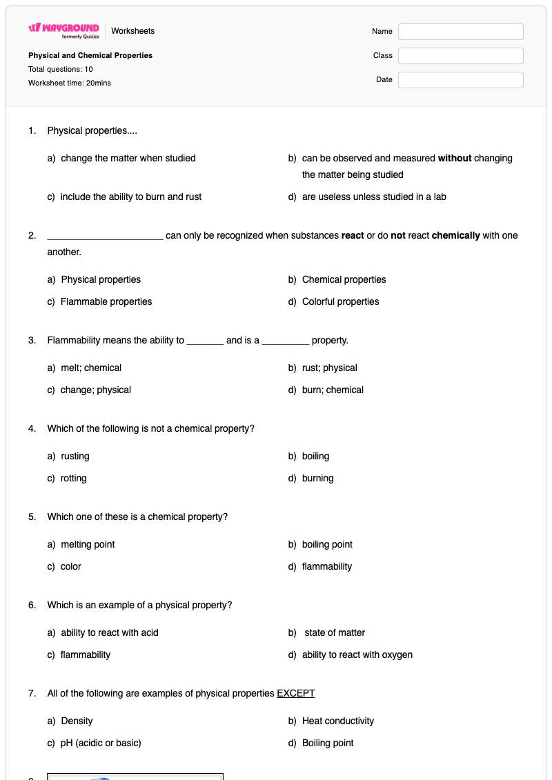 Physical and Chemical Properties - พิมพ์ได้ สมบัติทางกายภาพและทางเคมี เวิร์กชีท - Wayground