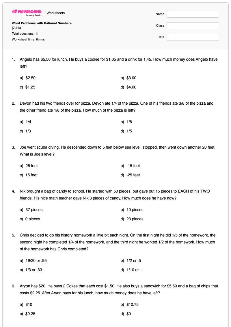 Word Problems with Rational Numbers (7.3B) - พิมพ์ได้ คำศัพท์เกี่ยวกับตัวเลข เวิร์กชีท - Wayground