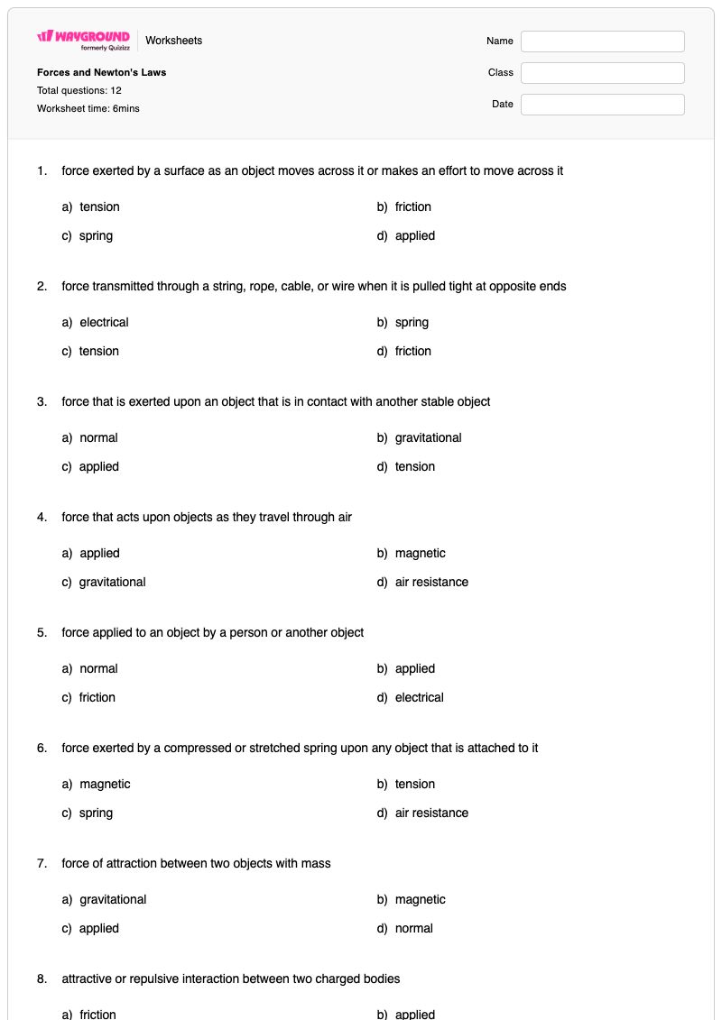 Forces and Newton's Laws - พิมพ์ได้ Newton's-third-law-of-motion เวิร์กชีท ระดับ 7 - Wayground