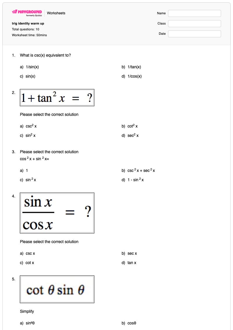 trig identity warm up - พิมพ์ได้ เอกลักษณ์ตรีโกณมิติ เวิร์กชีท - Wayground