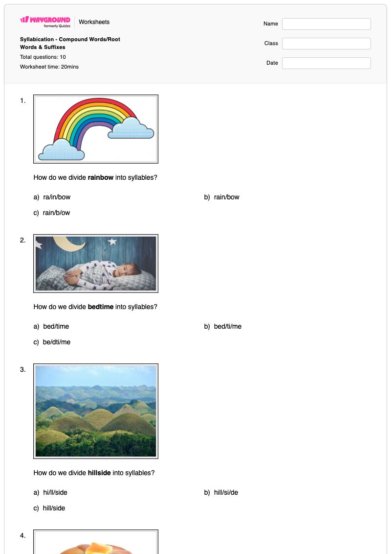 Syllabication - Compound Words/Root Words & Suffixes - Imprimível Silabação Fichas-de-trabalho Série 2 - Wayground