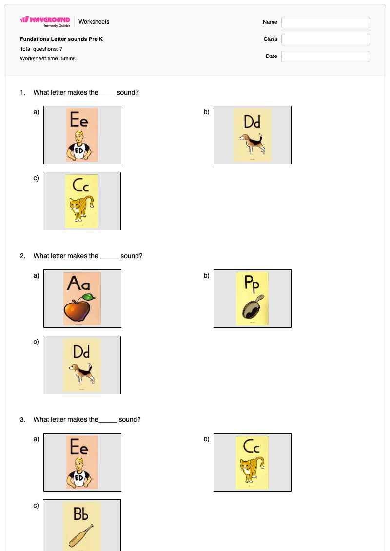 Fundations Letter sounds Pre K - พิมพ์ได้ Letter-recognition เวิร์กชีท - Wayground