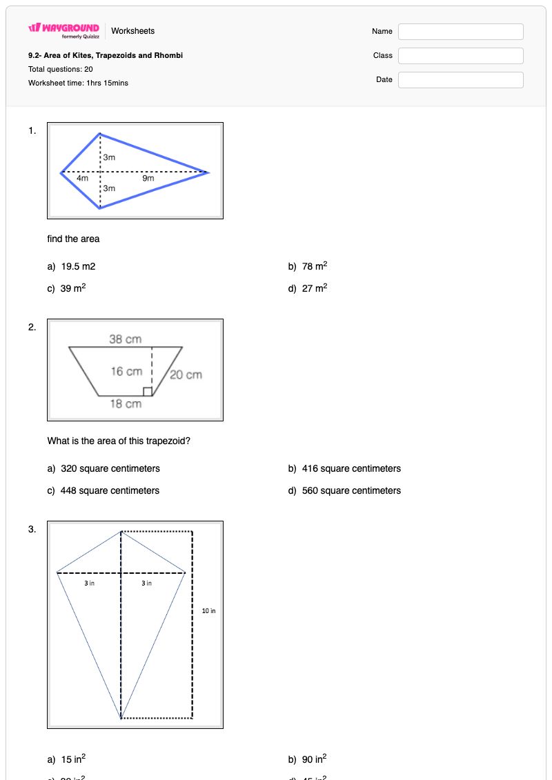9.2- Area of Kites, Trapezoids and Rhombi - Printable Area-of-a-trapezoid Worksheets - Wayground