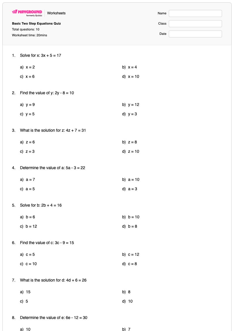 Basic Two Step Equations Quiz - พิมพ์ได้ สมการสองขั้นตอน เวิร์กชีท - Wayground