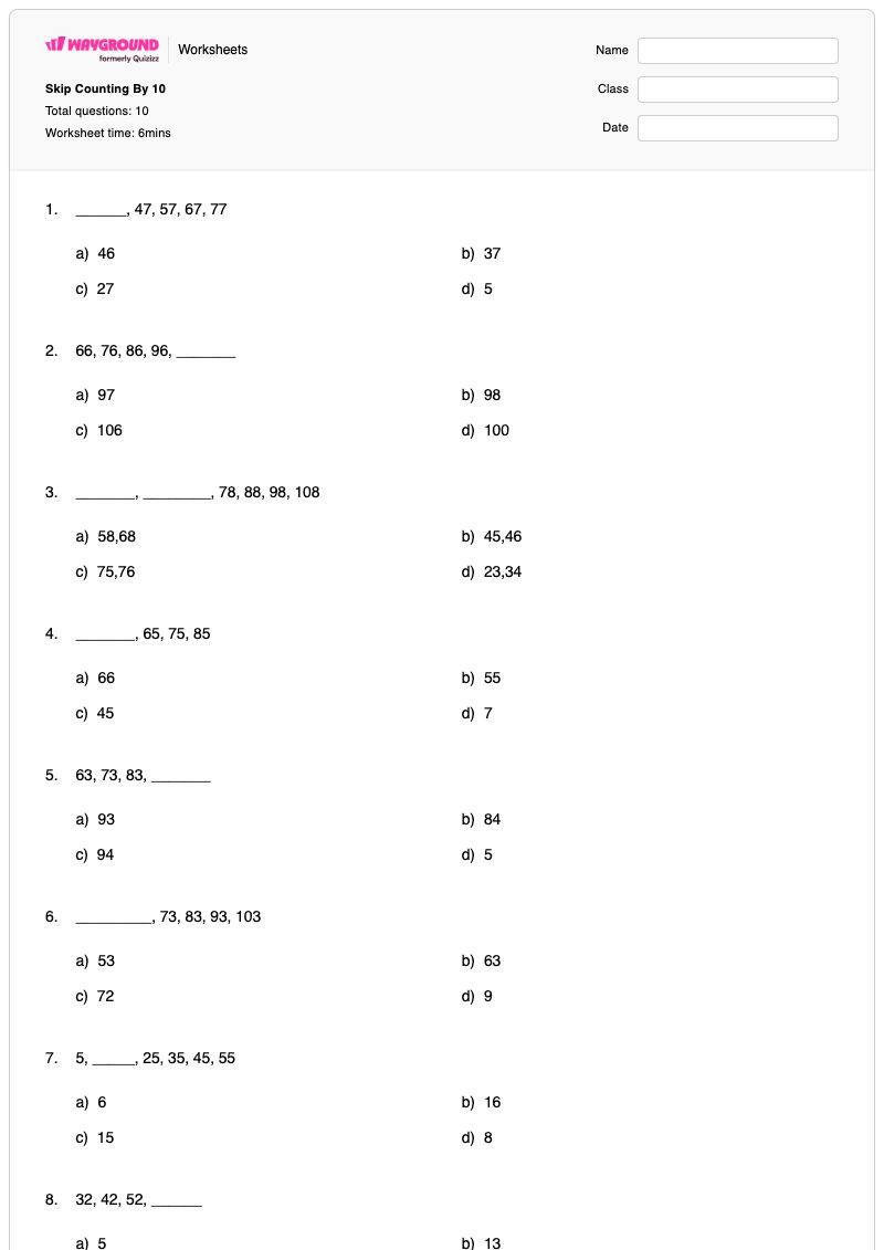 Skip Counting By 10 - พิมพ์ได้ Counting-sequences เวิร์กชีท ระดับ 1 - Wayground