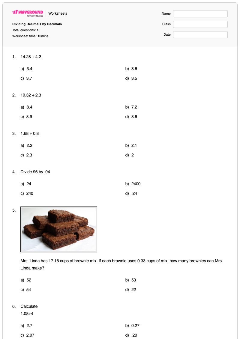 Dividing Decimals by Decimals - Printable Division Worksheets - Wayground