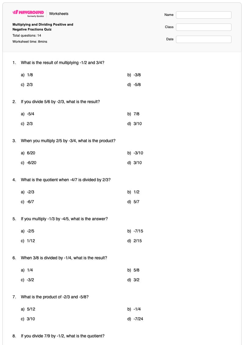 Multiplying and Dividing Positive and Negative Fractions Quiz - Printable Multiplying-and-dividing-fractions Worksheets - Wayground