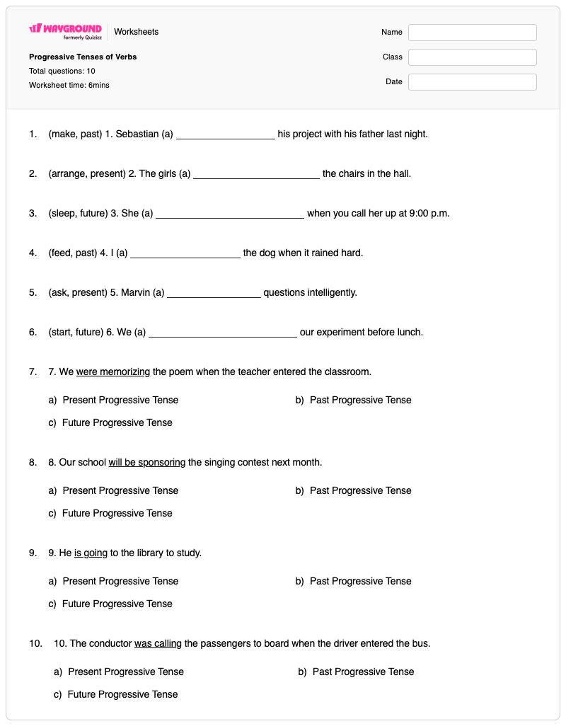 Progressive Tenses of Verbs - พิมพ์ได้ Verb-tenses เวิร์กชีท - Wayground
