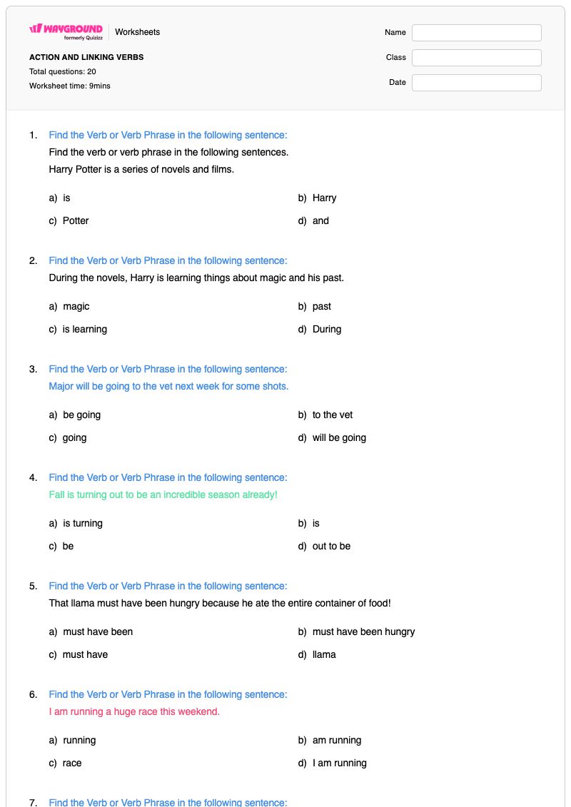 ACTION AND LINKING VERBS - พิมพ์ได้ คำกริยาแสดงการกระทำ เวิร์กชีท - Wayground