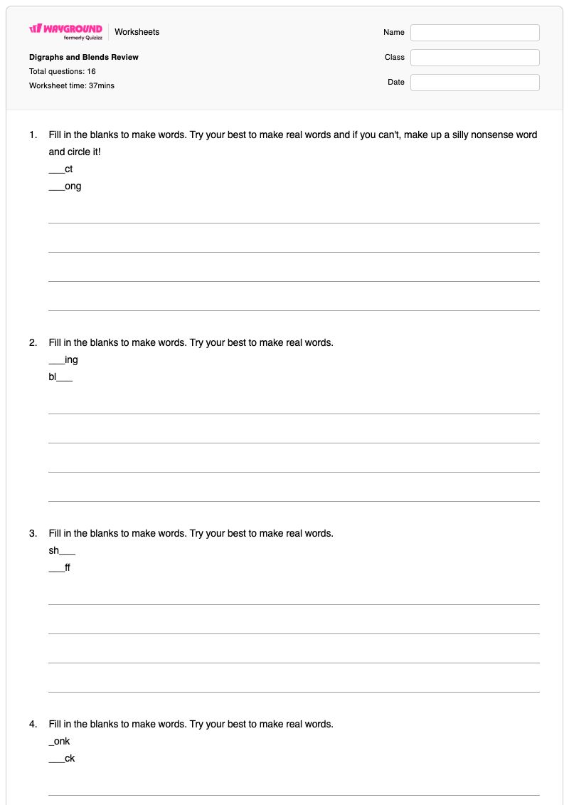 Digraphs and Blends Review - Printable The-letter-z Worksheets Class 1 - Wayground