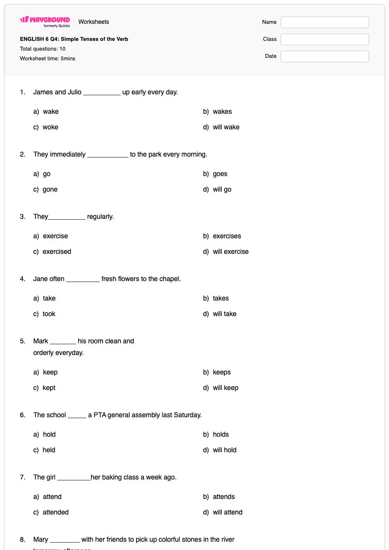 ENGLISH 6 Q4: Simple Tenses of the Verb - พิมพ์ได้ Verb-tenses เวิร์กชีท - Wayground