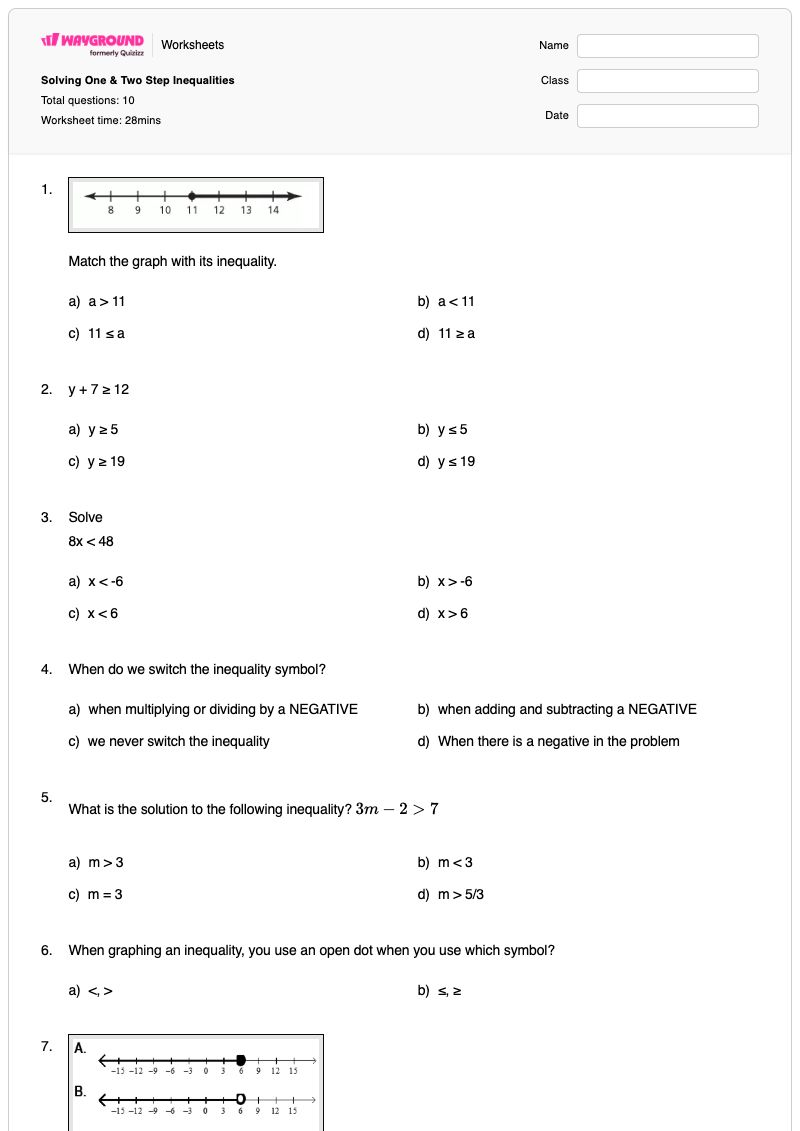 Solving One & Two Step Inequalities - Printable One-step-inequalities Worksheets - Wayground