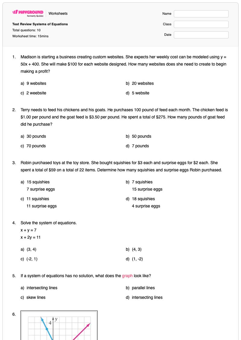 Test Review Systems of Equations - Printable Systems-of-equations Worksheets - Wayground