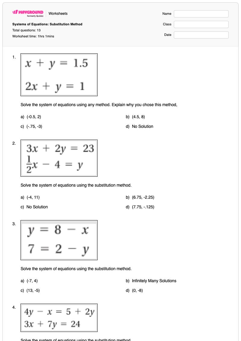 Systems of Equations: Substitution Method - Printable Systems-of-equations Worksheets - Wayground
