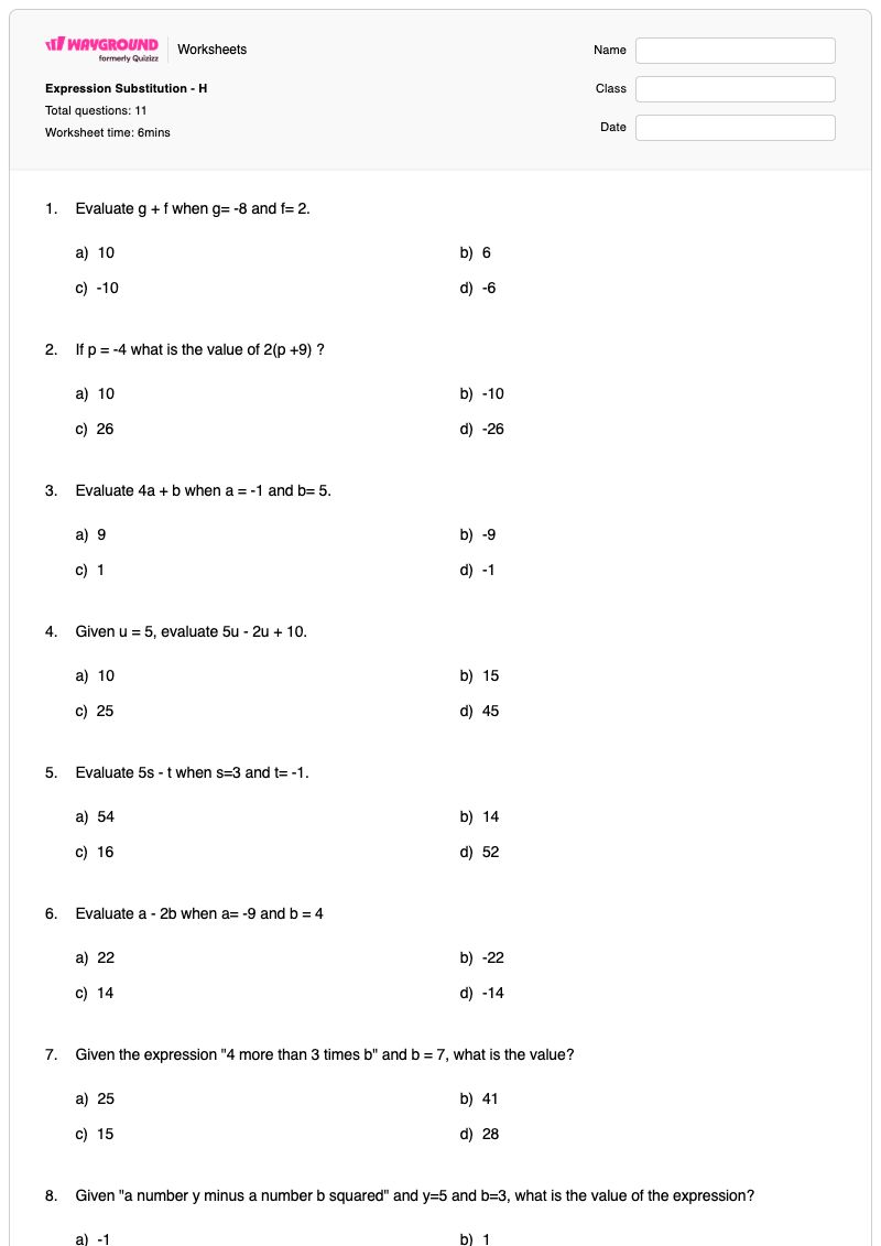 Expression Substitution - H - พิมพ์ได้ การประเมินนิพจน์ เวิร์กชีท - Wayground