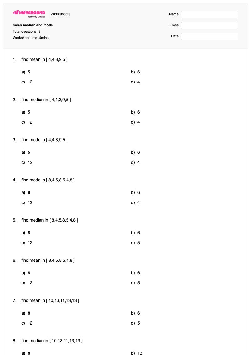 mean median and mode - Printable Mean-median-and-mode Worksheets Class 7 - Wayground