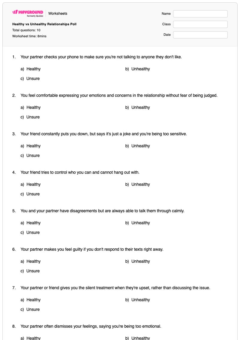 Healthy vs Unhealthy Relationships Poll - พิมพ์ได้ ความสัมพันธ์ที่ดี เวิร์กชีท - Wayground