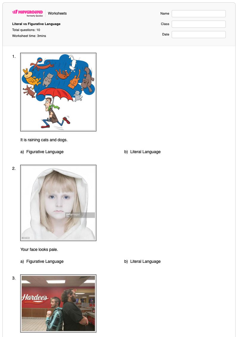 Literal vs Figurative Language - พิมพ์ได้ ภาษาเปรียบเทียบ เวิร์กชีท - Wayground