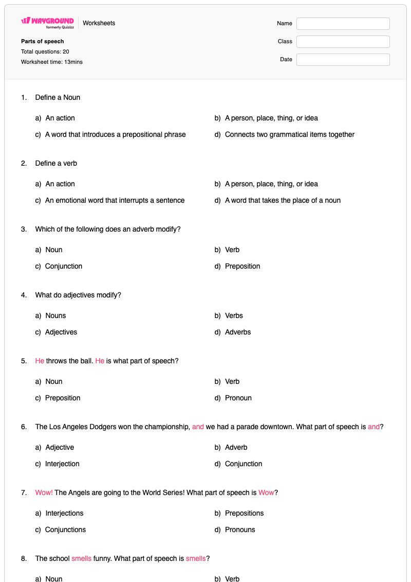 Parts of speech - พิมพ์ได้ ส่วนประกอบของคำพูด เวิร์กชีท - Wayground