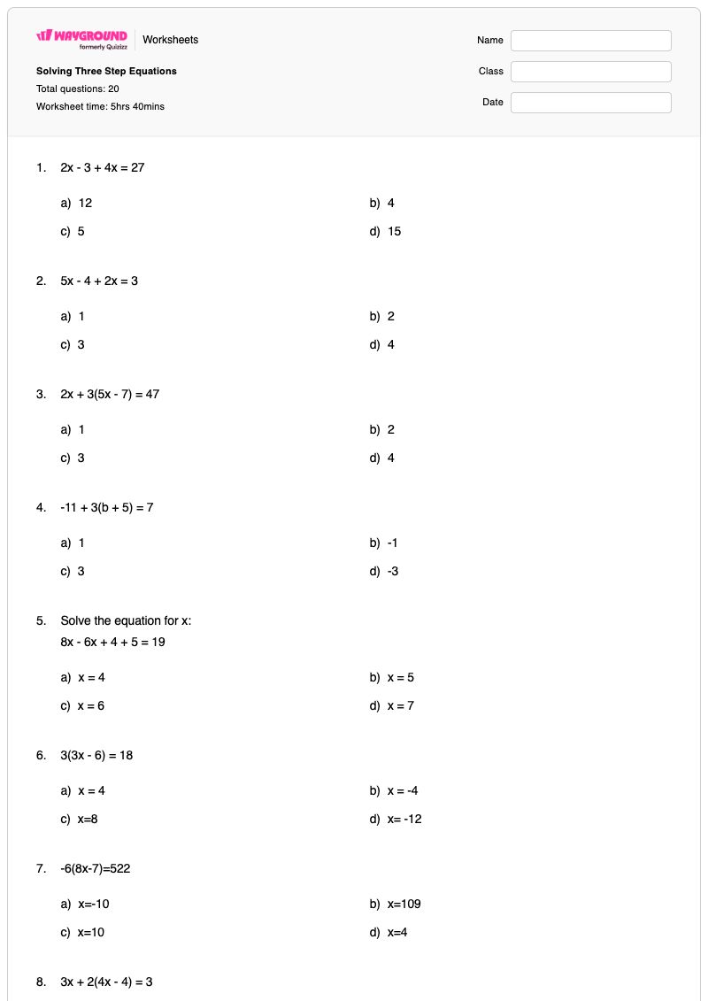 Solving Three Step Equations - พิมพ์ได้ สมการสามขั้นตอน เวิร์กชีท ระดับ 9 - Wayground