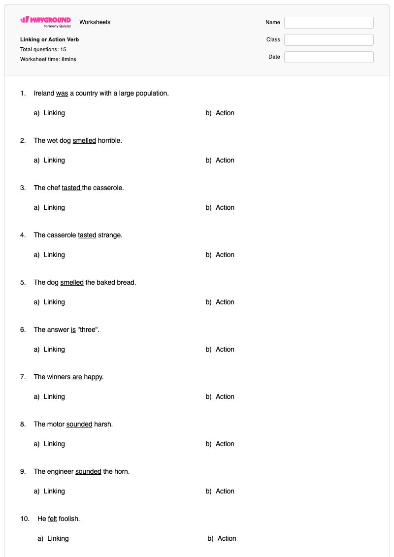 Linking or Action Verb - พิมพ์ได้ คำกริยาแสดงการกระทำ เวิร์กชีท - Wayground