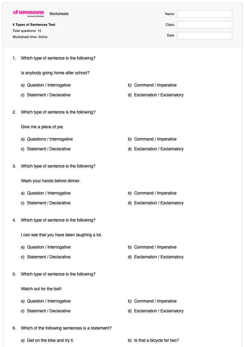 4 Types of Sentences Test - Printable Types-of-sentences Worksheets - Wayground