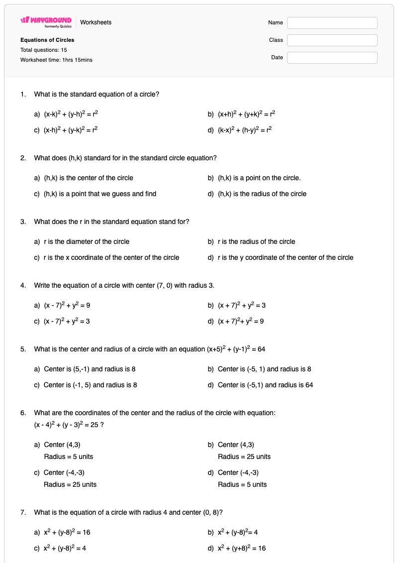 Equations of Circles - Printable Equation-of-a-circle Worksheets - Wayground