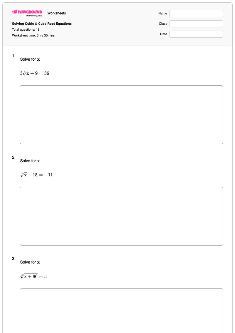 Solving Cubic & Cube Root Equations - Free Printable Worksheet | Wayground