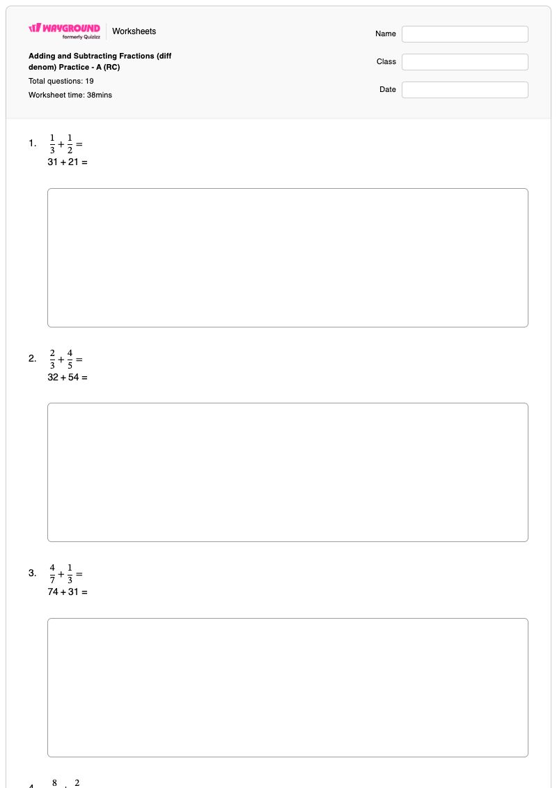 Adding and Subtracting  Fractions (diff denom) Practice - A (RC) - Printable Subtracting-fractions Worksheets - Wayground