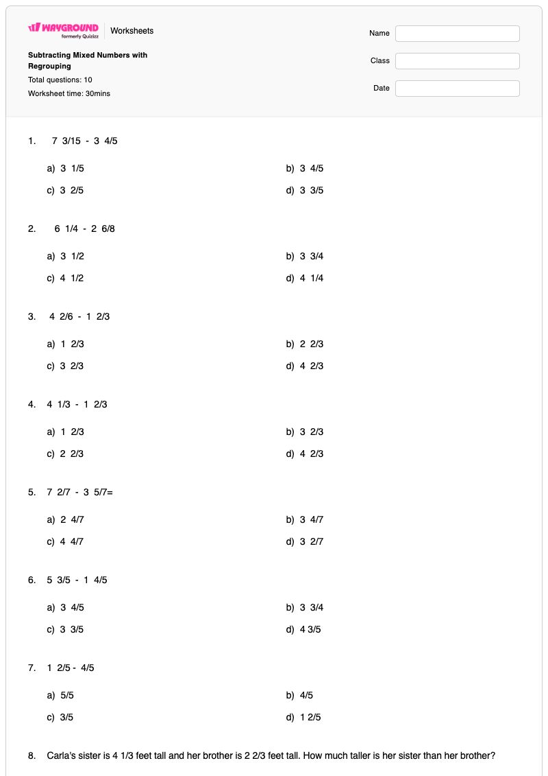 Subtracting Mixed Numbers with Regrouping - พิมพ์ได้ การลบจำนวนคละ เวิร์กชีท - Wayground