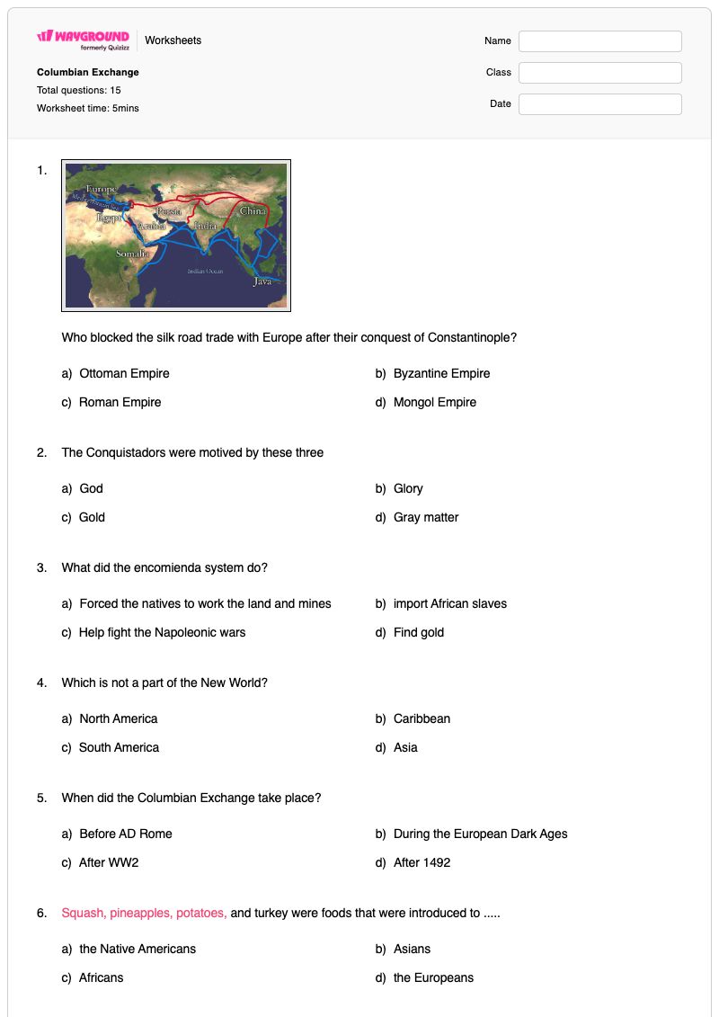 Columbian Exchange - พิมพ์ได้ Columbian-exchange เวิร์กชีท - Wayground