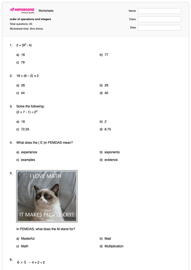 order of operations and integers - Printable Operations-with-negative-numbers Worksheets Year 10 - Wayground