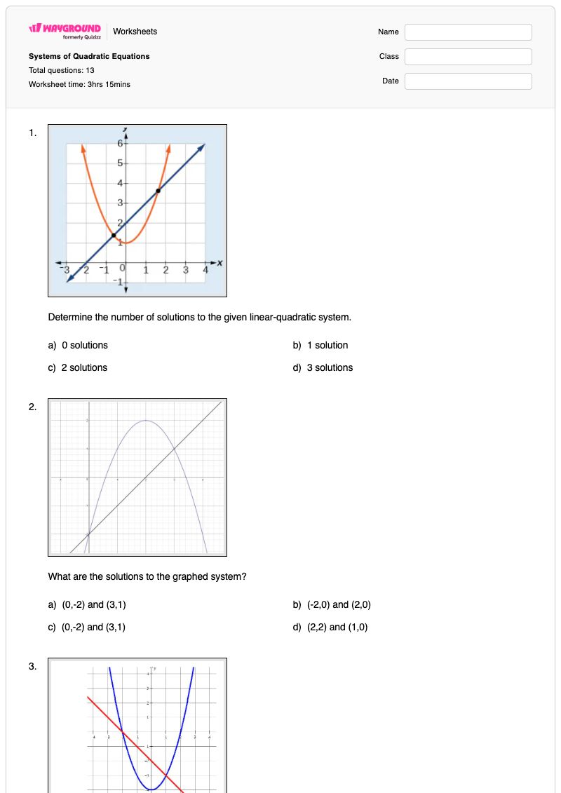 Systems of Quadratic Equations - Printable Systems-of-equations Worksheets - Wayground