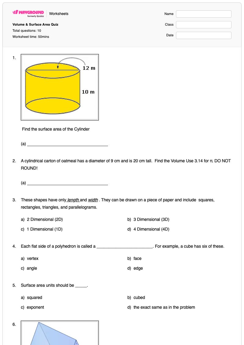 Volume & Surface Area Quiz - Printable Volume-and-surface-area Worksheets - Wayground