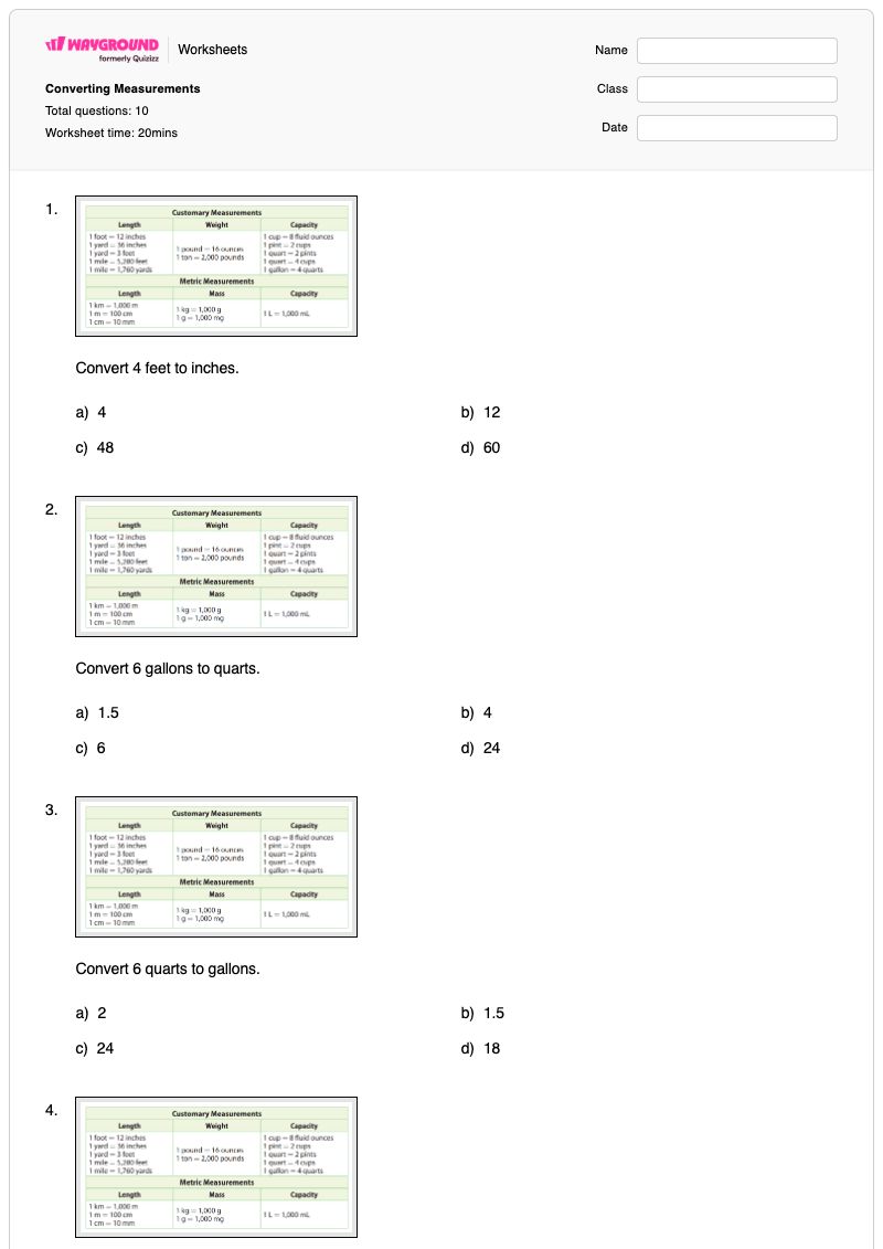 Converting Measurements - Printable Units-and-measurement Worksheets - Wayground