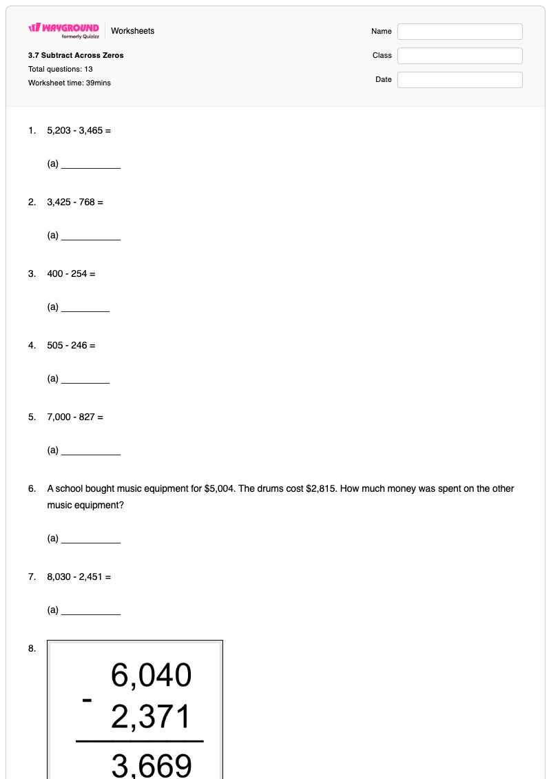 3.7 Subtract Across Zeros - Printable Zeros-in-the-quotient Worksheets Class 3 - Wayground