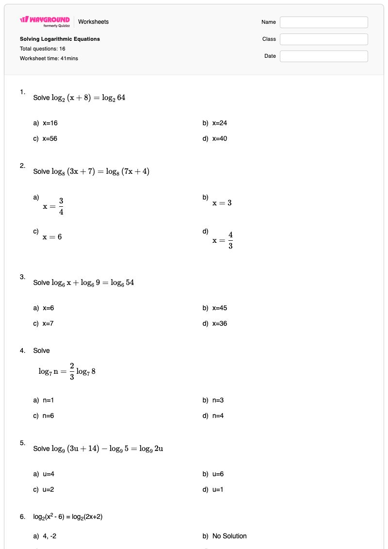 Solving Logarithmic Equations - พิมพ์ได้ สมการลอการิทึม เวิร์กชีท ระดับ 11 - Wayground