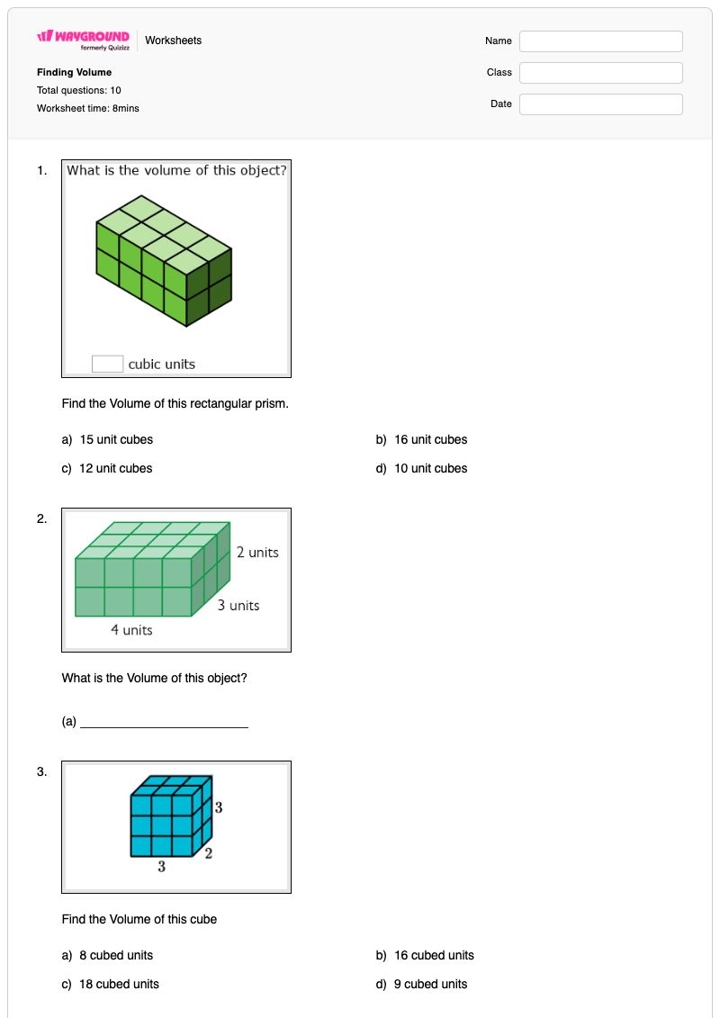 Finding Volume - Printable Volume-and-surface-area-of-cubes Worksheets Grade 5 - Wayground