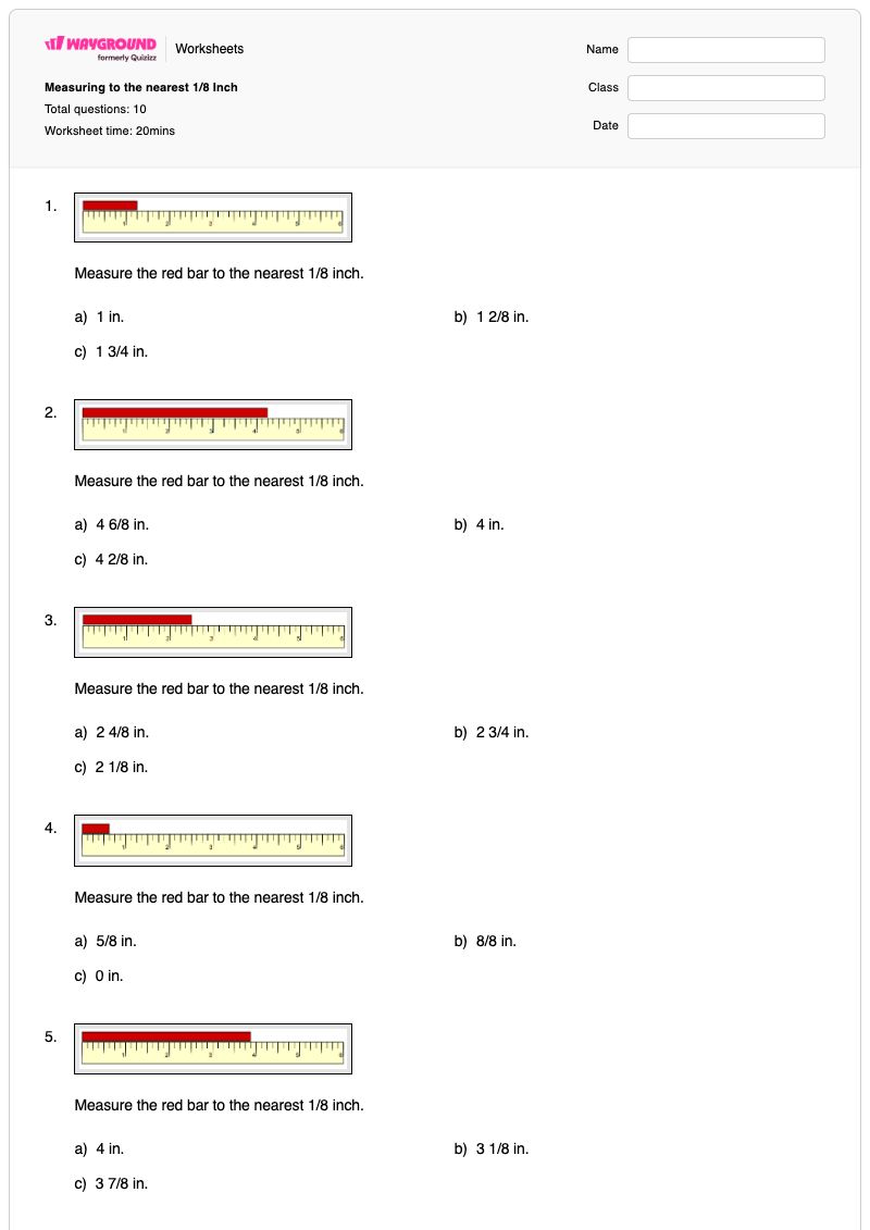 Measuring to the nearest 1/8 Inch - Printable Measuring-in-inches Worksheets - Wayground