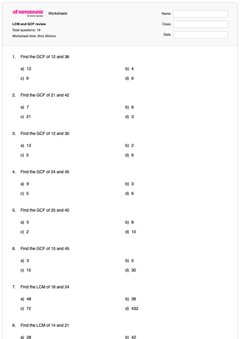 LCM and GCF review - Printable Lcm-and-gcf Worksheets Class 6 - Wayground