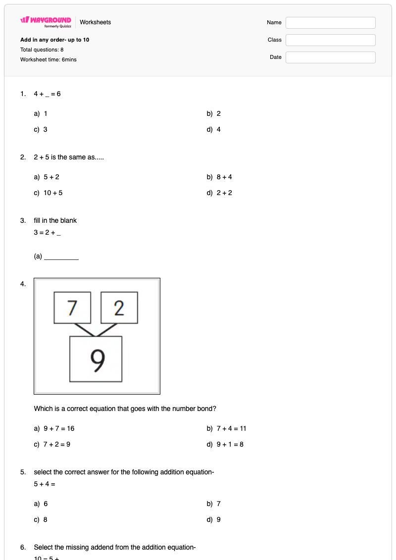Add in any order- up to 10  - พิมพ์ได้ Missing-number-problems เวิร์กชีท ระดับ 1 - Wayground