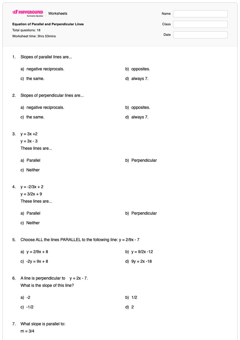 Equation of Parallel and Perpendicular Lines - พิมพ์ได้ เส้นขนานและเส้นตั้งฉาก เวิร์กชีท - Wayground