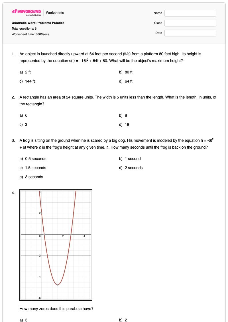 Quadratic Word Problems Practice - Printable Quadratic Worksheets - Wayground