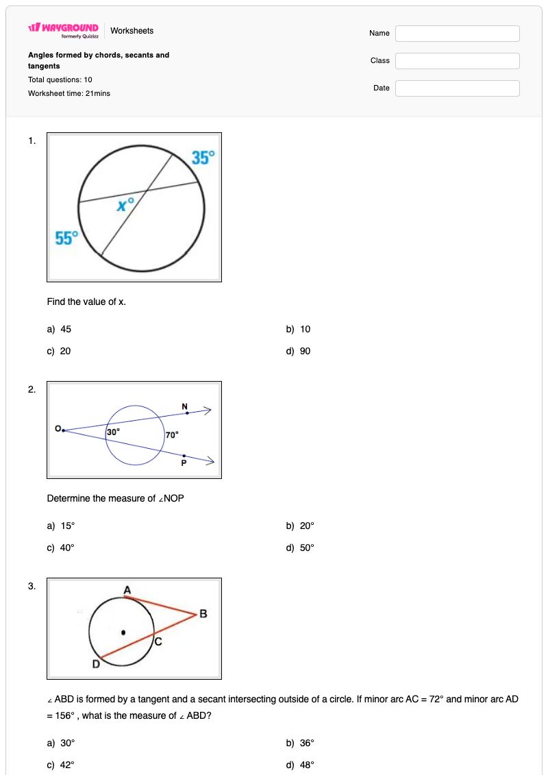 Angles formed by chords, secants and tangents - Nadający się do druku Siecznych Karty-pracy Klasa 10 - Wayground