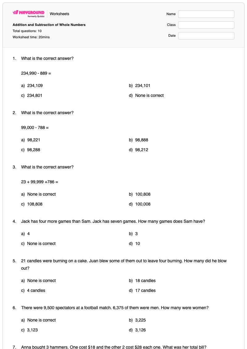 Addition and Subtraction of Whole Numbers - Printable Subtraction Worksheets - Wayground