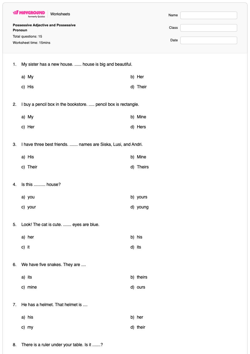 Possessive Adjective and Possessive Pronoun - Printable Possessive-pronouns Worksheets - Wayground