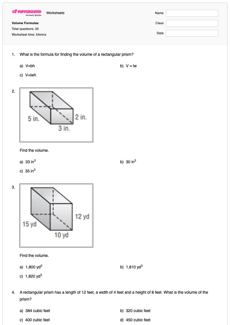 Volume Formulas - พิมพ์ได้ ปริมาตรของกระบอกสูบ เวิร์กชีท - Wayground
