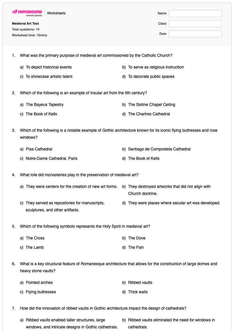 Medieval Art Test - พิมพ์ได้ การเปลี่ยนแปลง เวิร์กชีท - Wayground