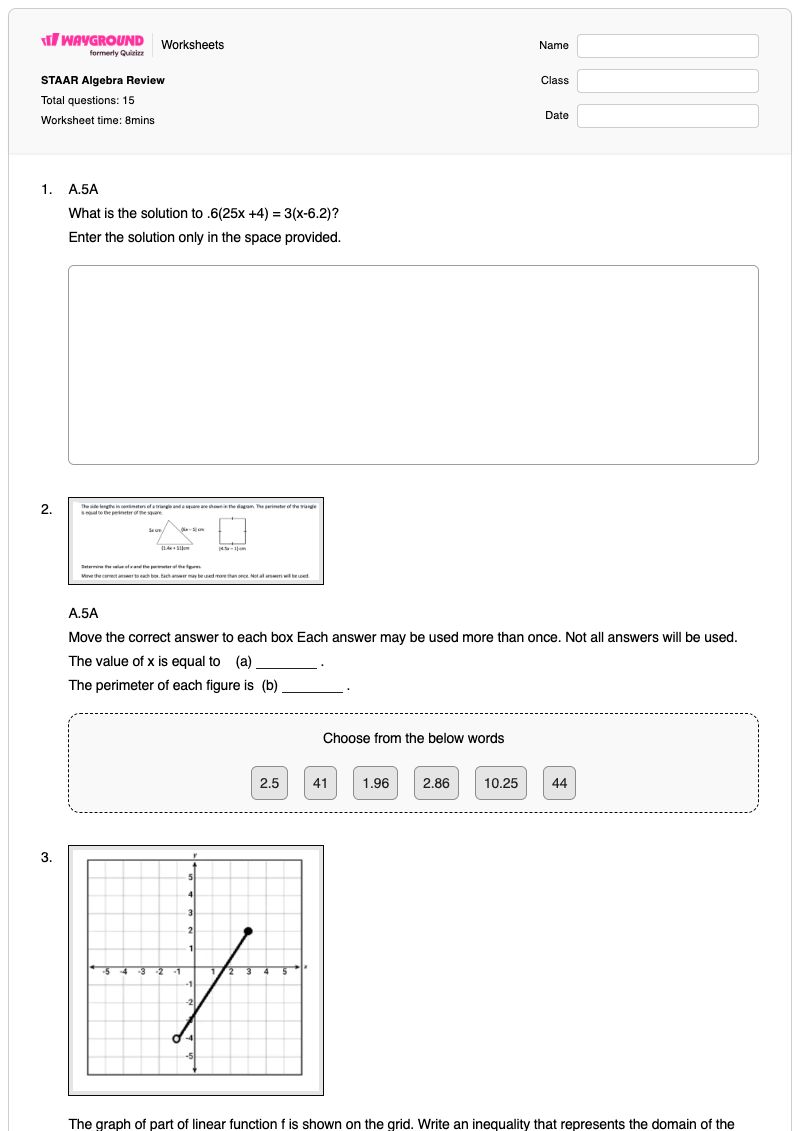 STAAR Algebra Review  - Printable Rational-expressions-equations-and-functions Worksheets Class 8 - Wayground